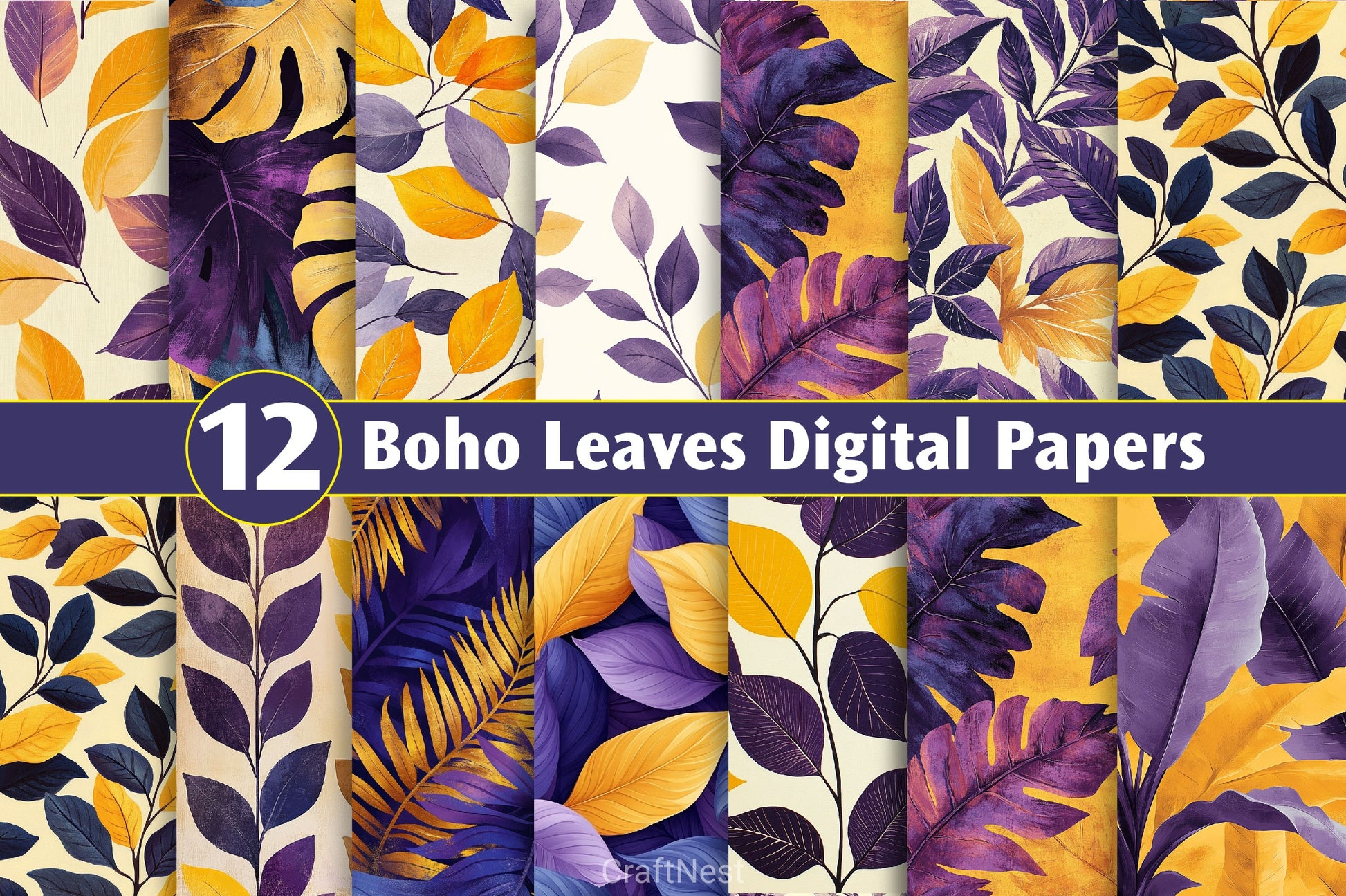 Yellow Purple Boho Leaves Digital Papers - CraftNest - Digital Crafting and Art