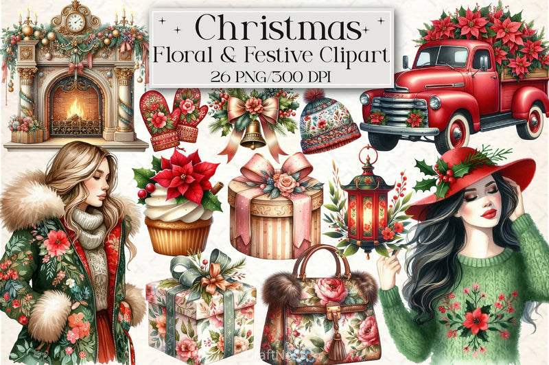 Floral Festive Christmas Clipart Bundle - CraftNest - Digital Crafting and Art
