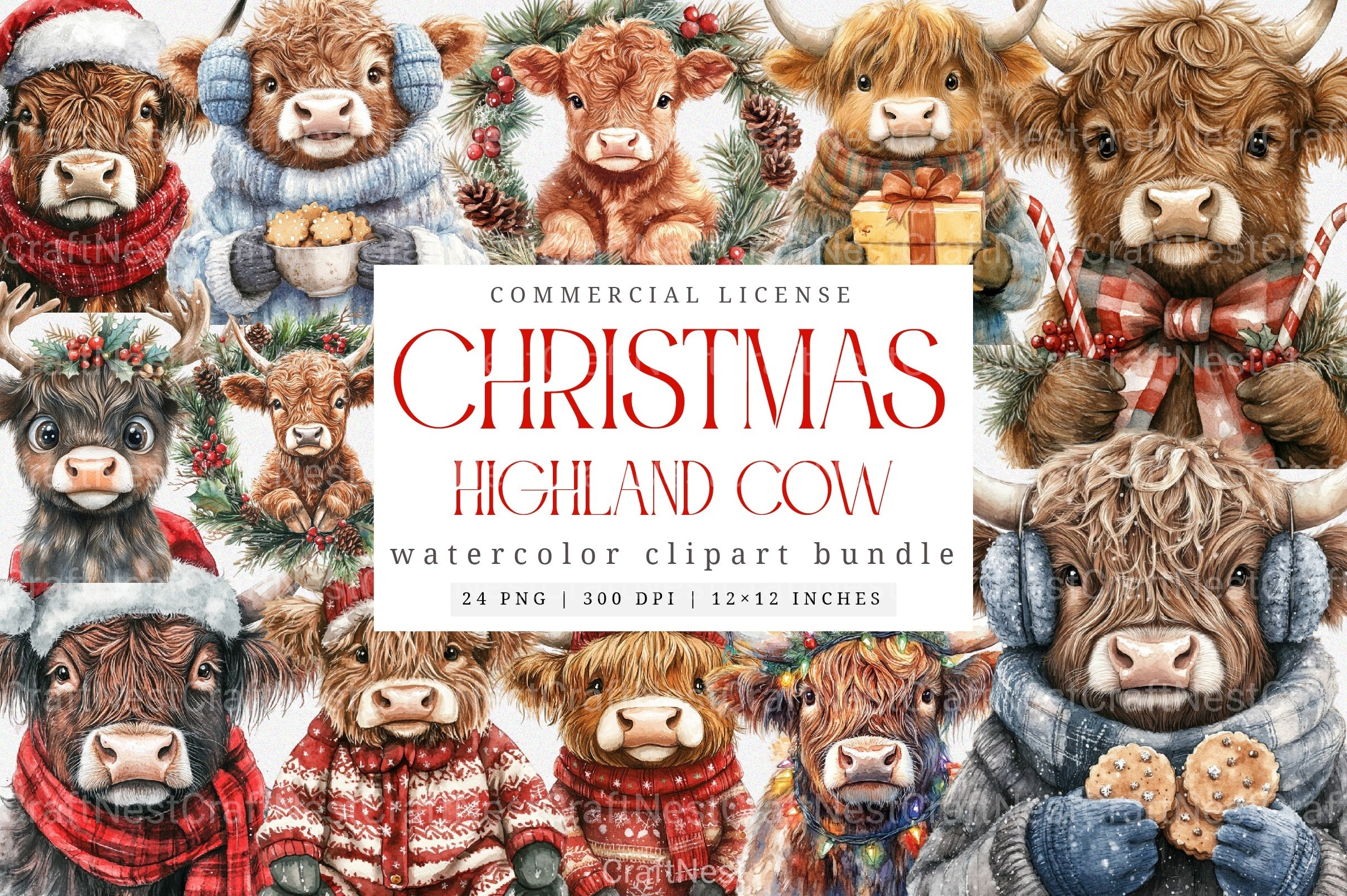 Christmas Highland Cow Clipart Bundle 1 - CraftNest - Digital Crafting and Art