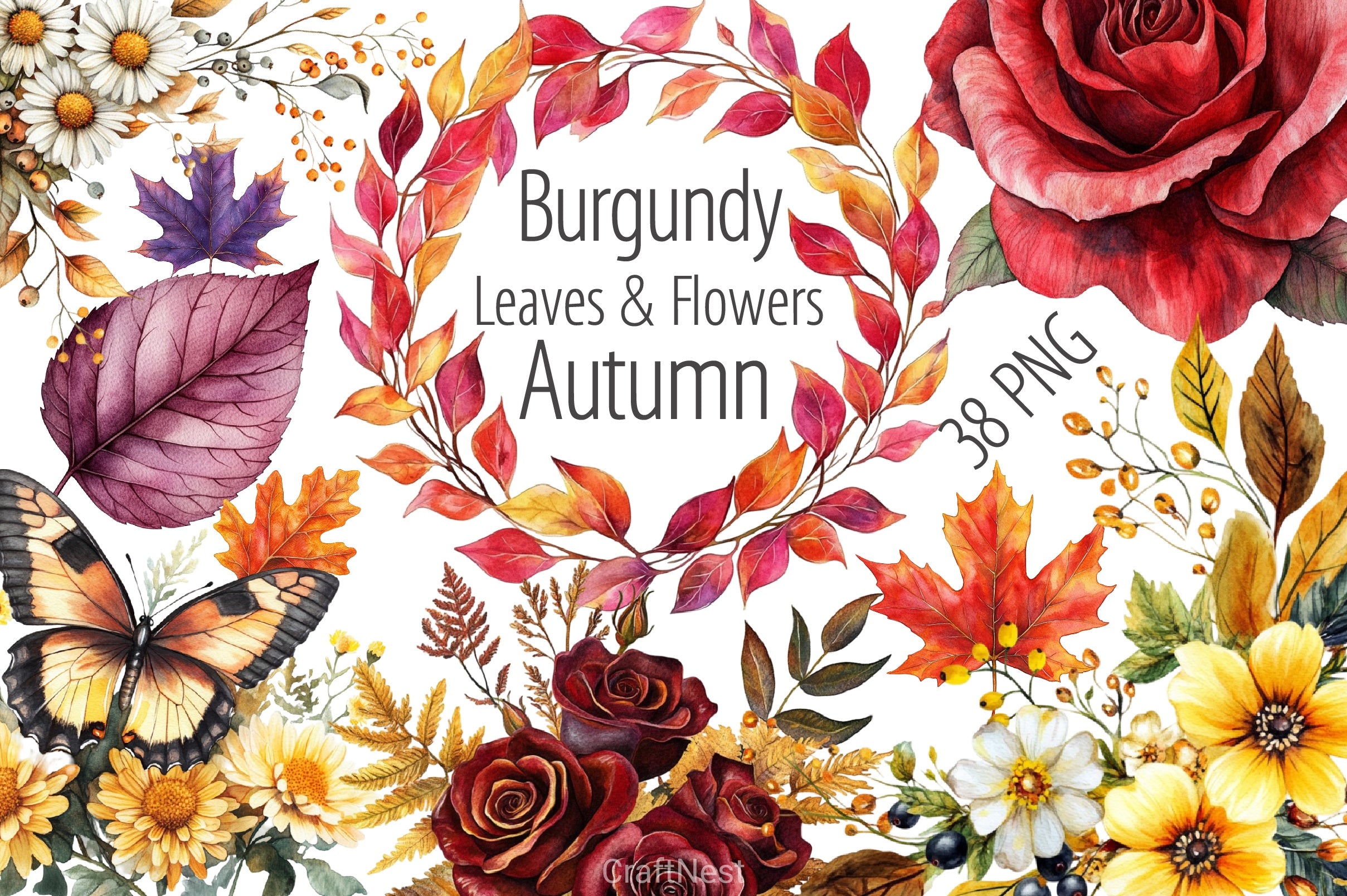Burgundy Autumn Leaves & Flowers Clipart Bundle - CraftNest - Digital Crafting and Art