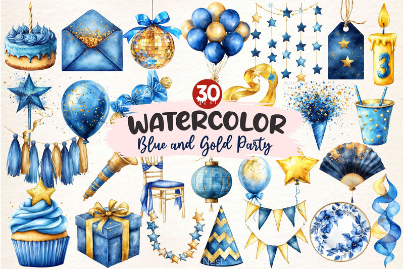 Blue And Gold Party Decorations Clipart Bundle - CraftNest - Digital Crafting and Art