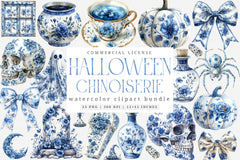 Blue & Ivory Chinoiserie Halloween Clipart Bundle - CraftNest - Digital Crafting and Art