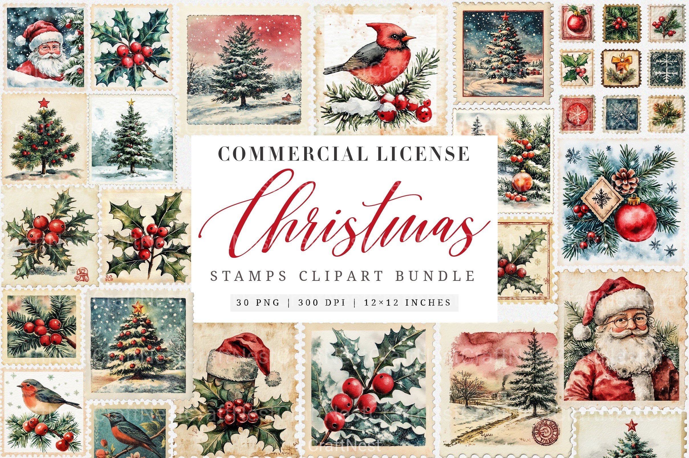 Vintage Christmas Stamps: Retro Santa, Snowman, Tree Clipart Bundle 98 - CraftNest - Digital Crafting and Art