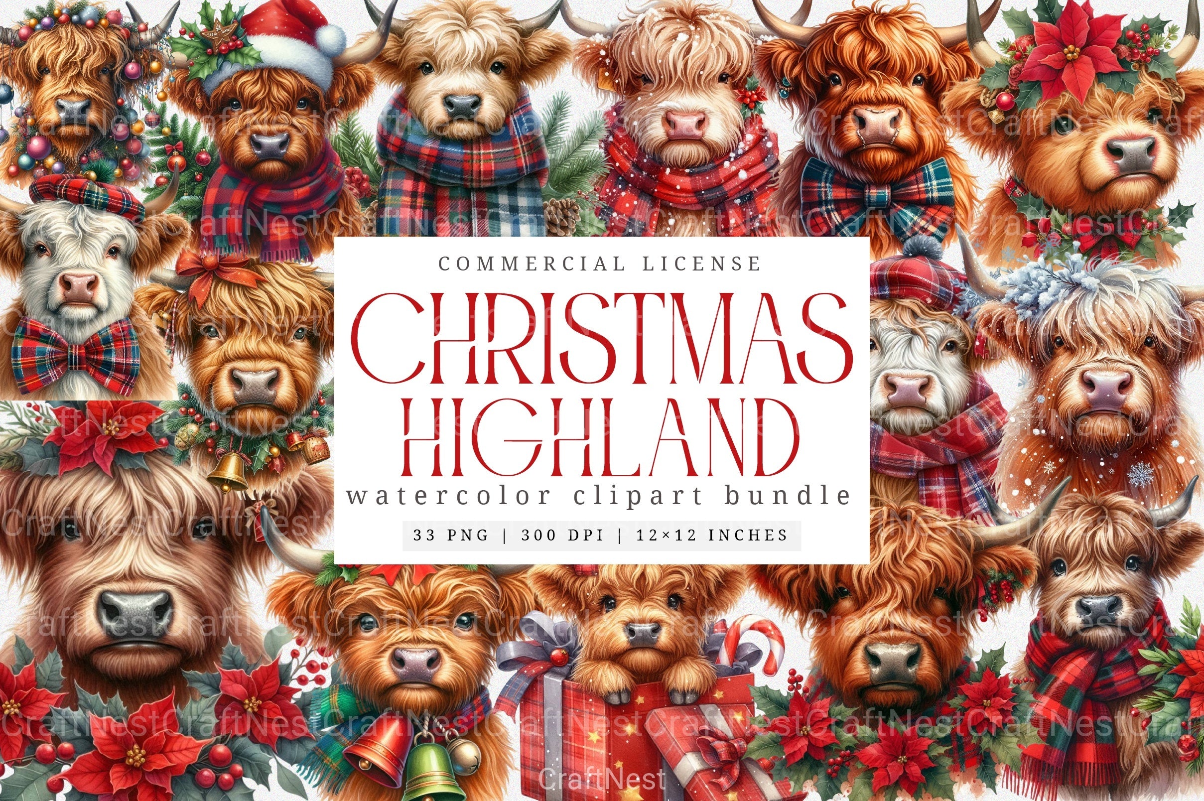 Christmas Highland Cow Clipart Bundle 19 - CraftNest - Digital Crafting and Art
