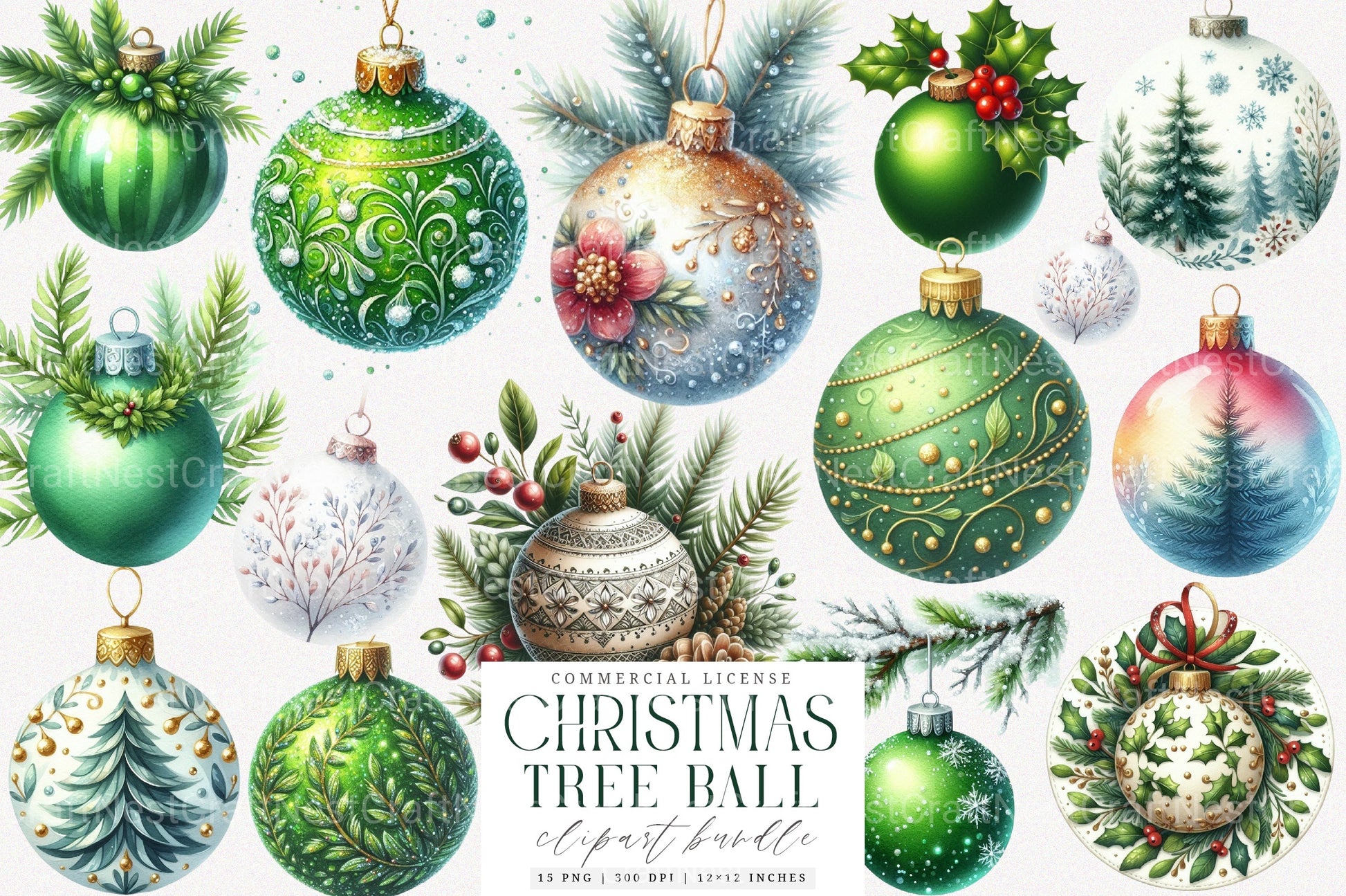 Green Christmas Tree Ball Clipart Bundle - CraftNest - Digital Crafting and Art