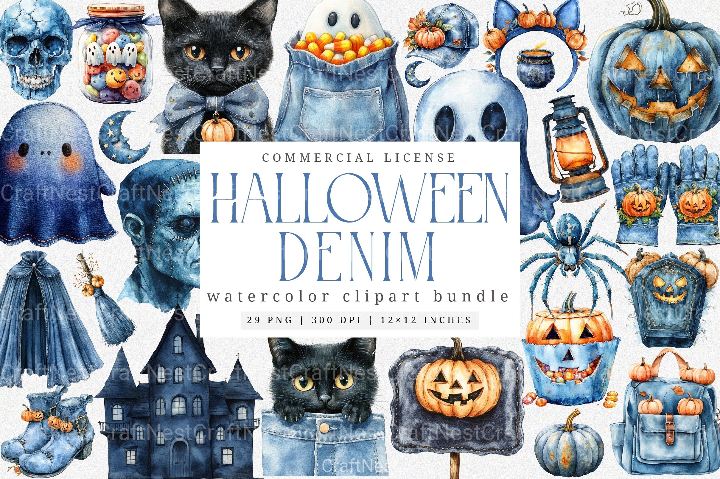 Denim Halloween Clipart Bundle Set - CraftNest - Digital Crafting and Art