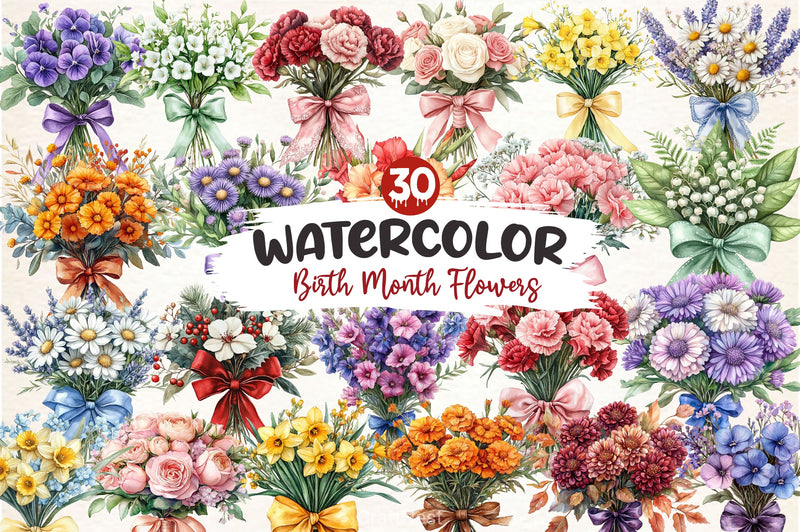 Coquette Birth Month Flowers Bouquet Clipart Bundle - CraftNest - Digital Crafting and Art