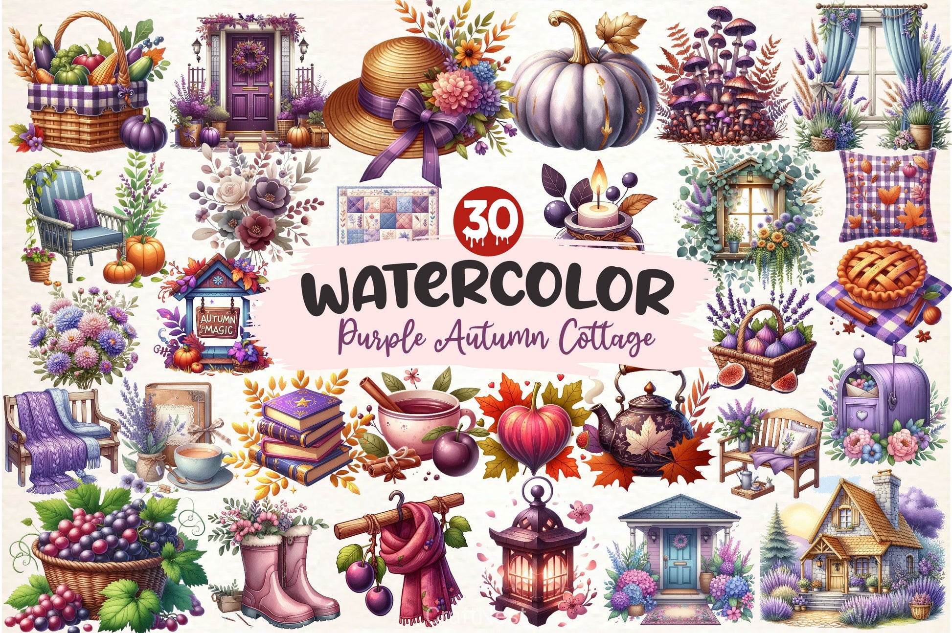 Purple Autumn Cottage Clipart Bundle - CraftNest - Digital Crafting and Art