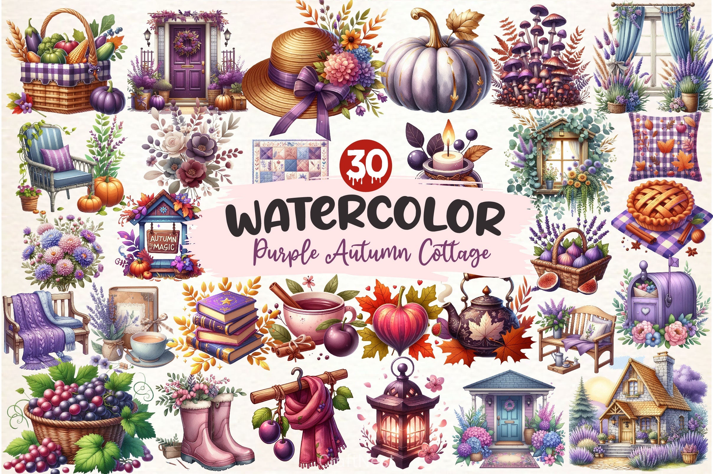 Purple Autumn Cottage Clipart Bundle - CraftNest - Digital Crafting and Art