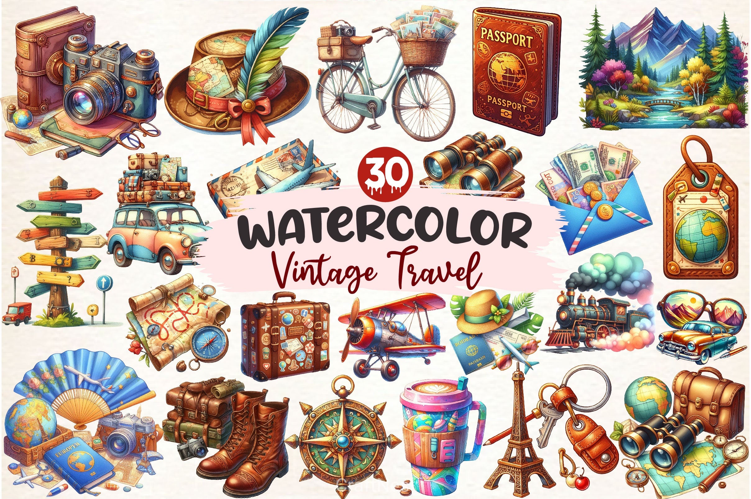 Vintage Travel Clipart Bundle 3 - CraftNest - Digital Crafting and Art