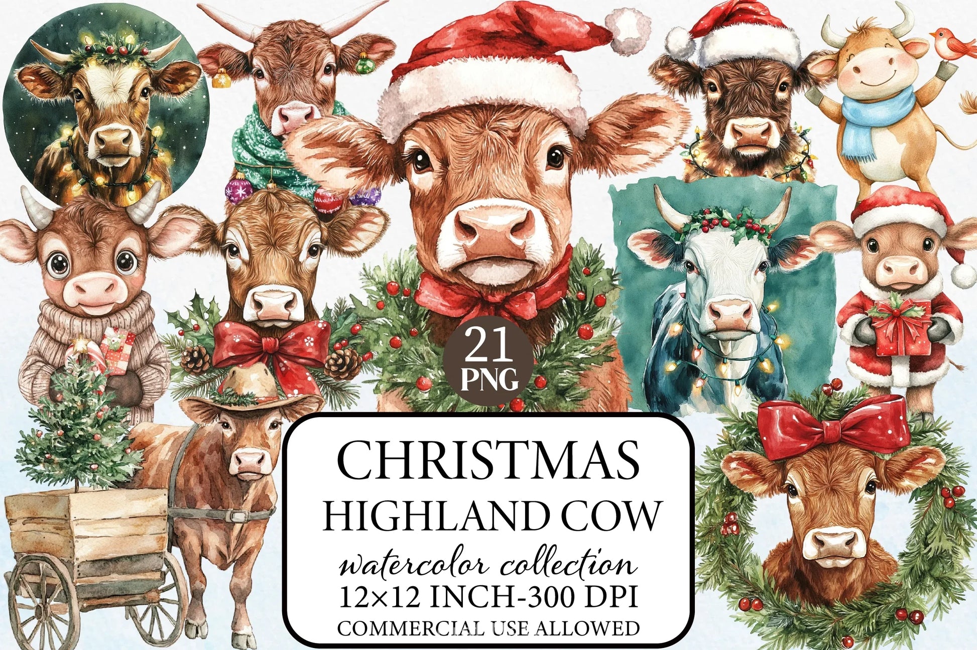 Christmas Highland Cow Clipart Bundle 3 - CraftNest - Digital Crafting and Art