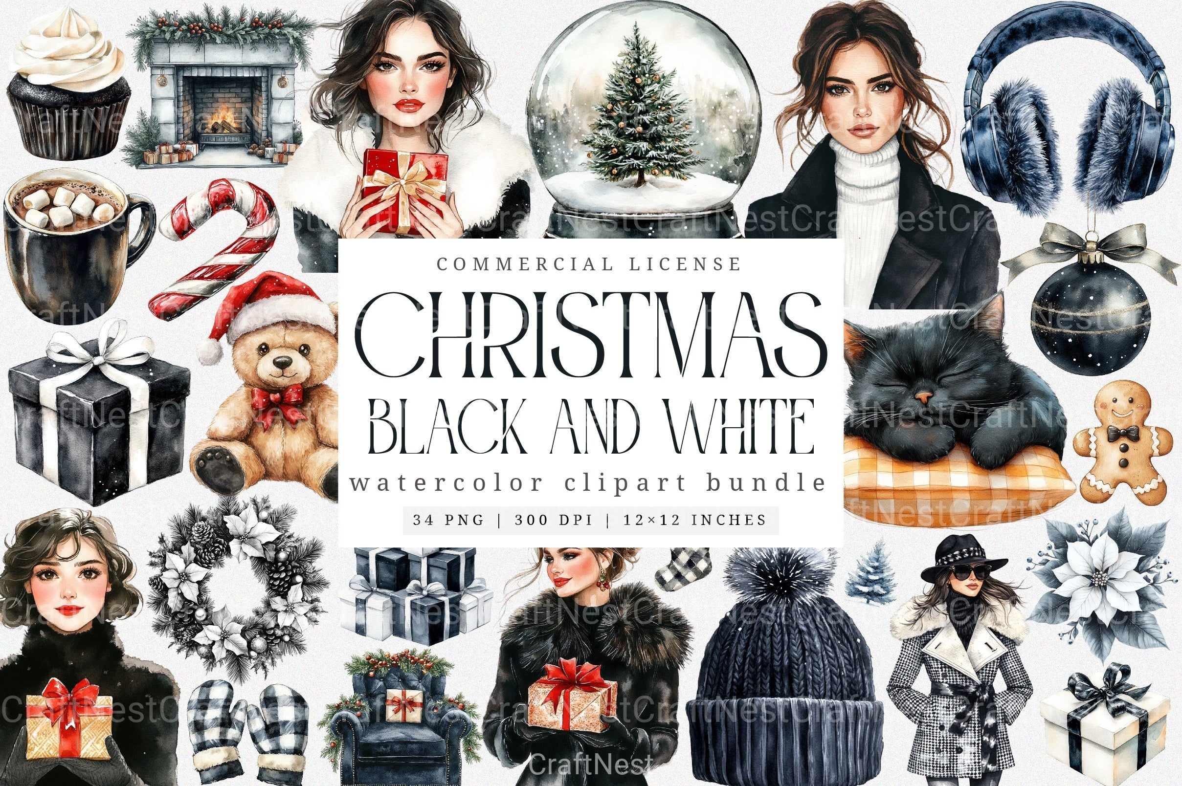 Black & White Christmas Clipart Bundle 1 - CraftNest - Digital Crafting and Art