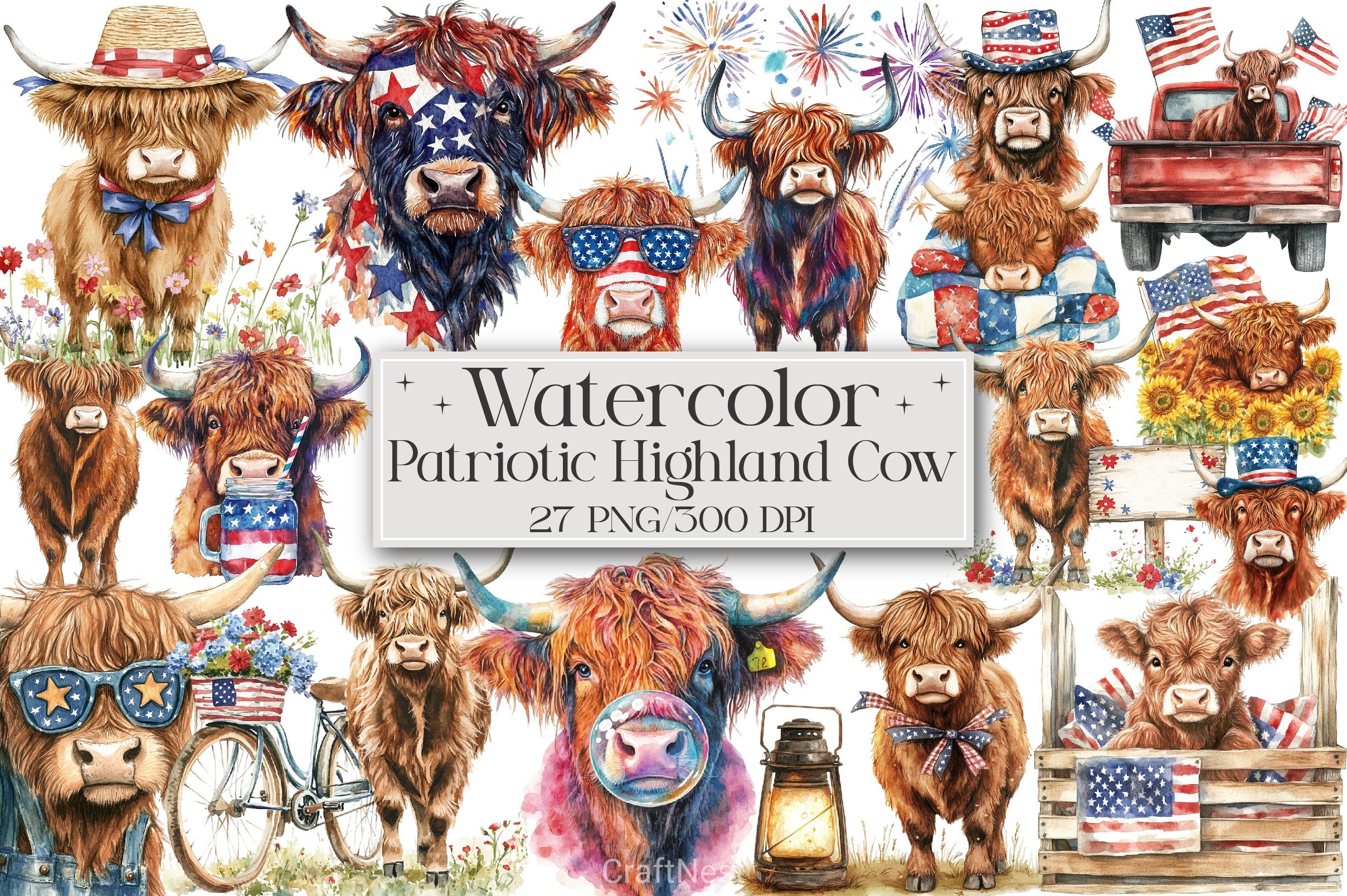 Patriotic Highland Cow Clipart Bundle 3 - CraftNest - Digital Crafting and Art