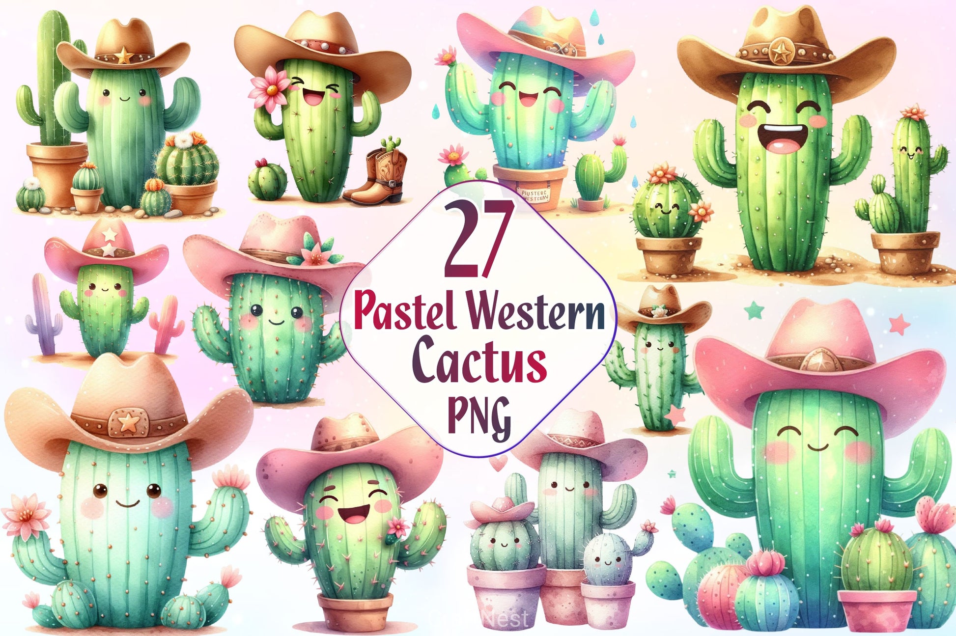 Pastel Western Cactus Clipart Bundle 2 - CraftNest - Digital Crafting and Art