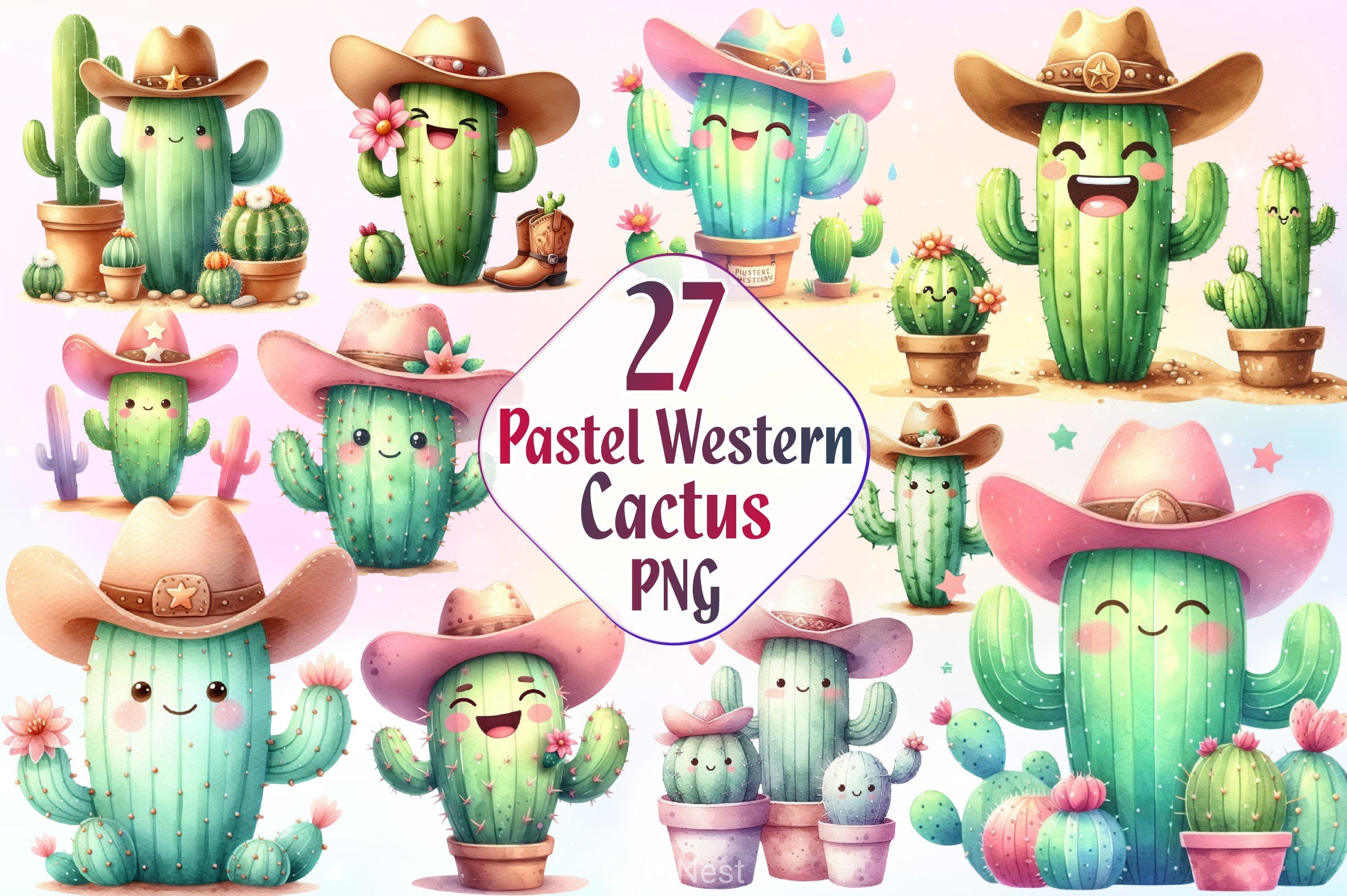 Pastel Western Cactus Clipart Bundle 2 - CraftNest - Digital Crafting and Art