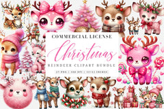 Cute Pink Reindeer & Santa Funny Christmas Clipart Bundle - CraftNest - Digital Crafting and Art