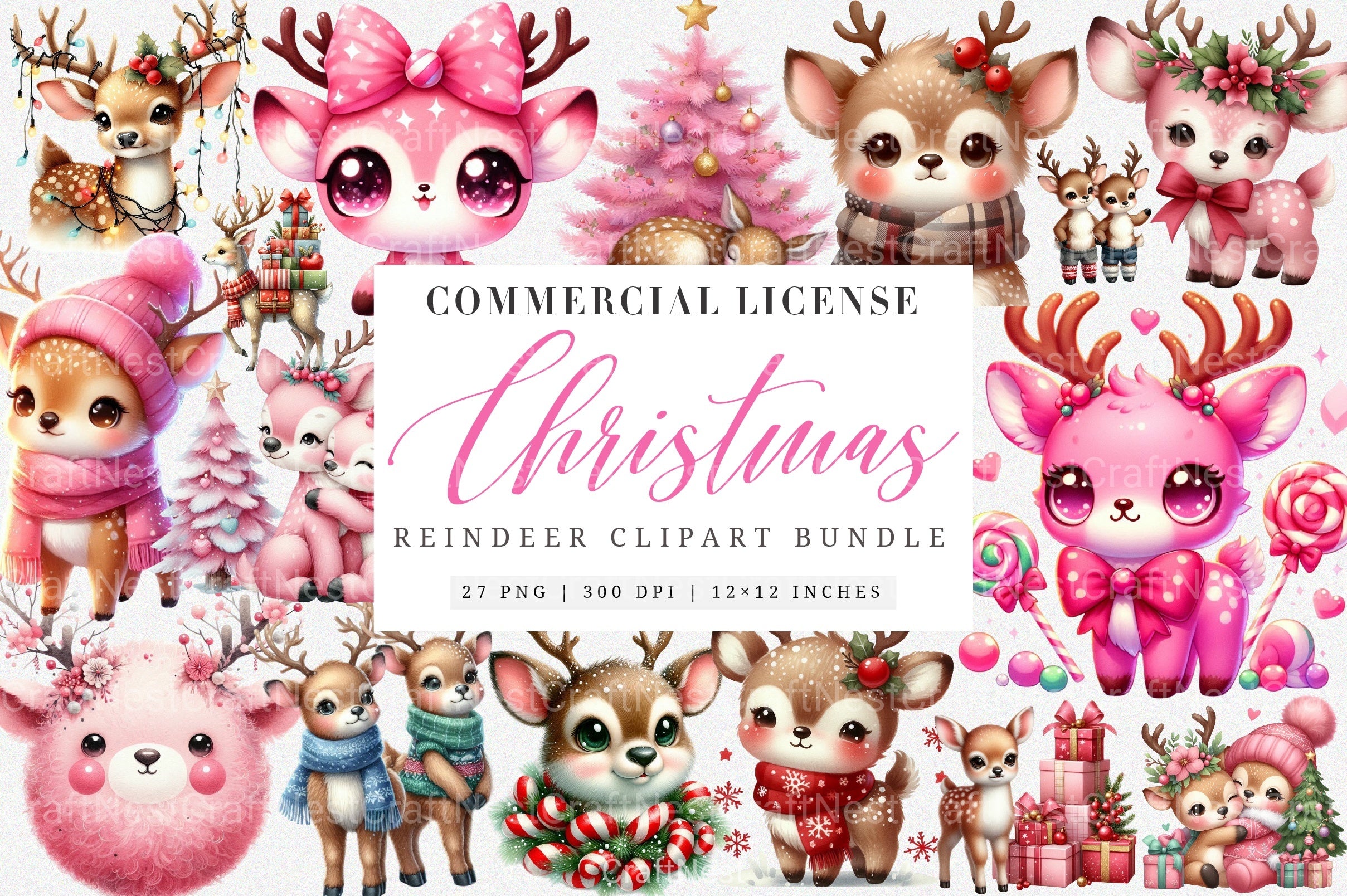 Cute Pink Reindeer & Santa Funny Christmas Clipart Bundle - CraftNest - Digital Crafting and Art