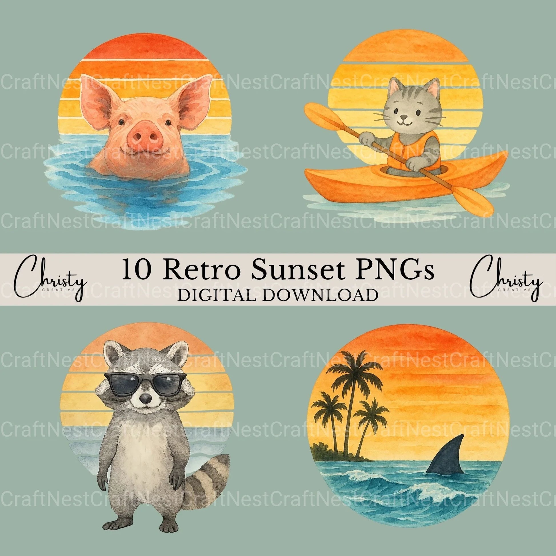 Retro Sunset & Animals Clipart Bundle - CraftNest - Digital Crafting and Art