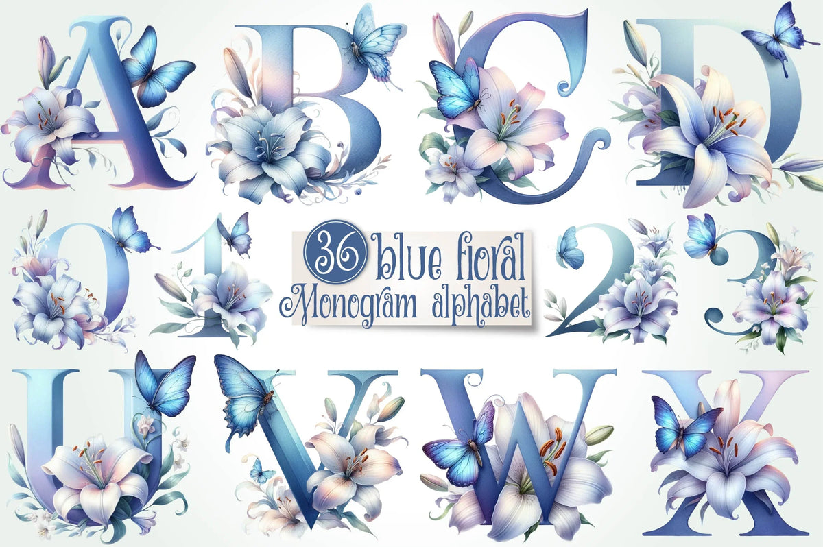Blue Simple Monogram Blue Floral Monogram Alphabet Clipart Bundle