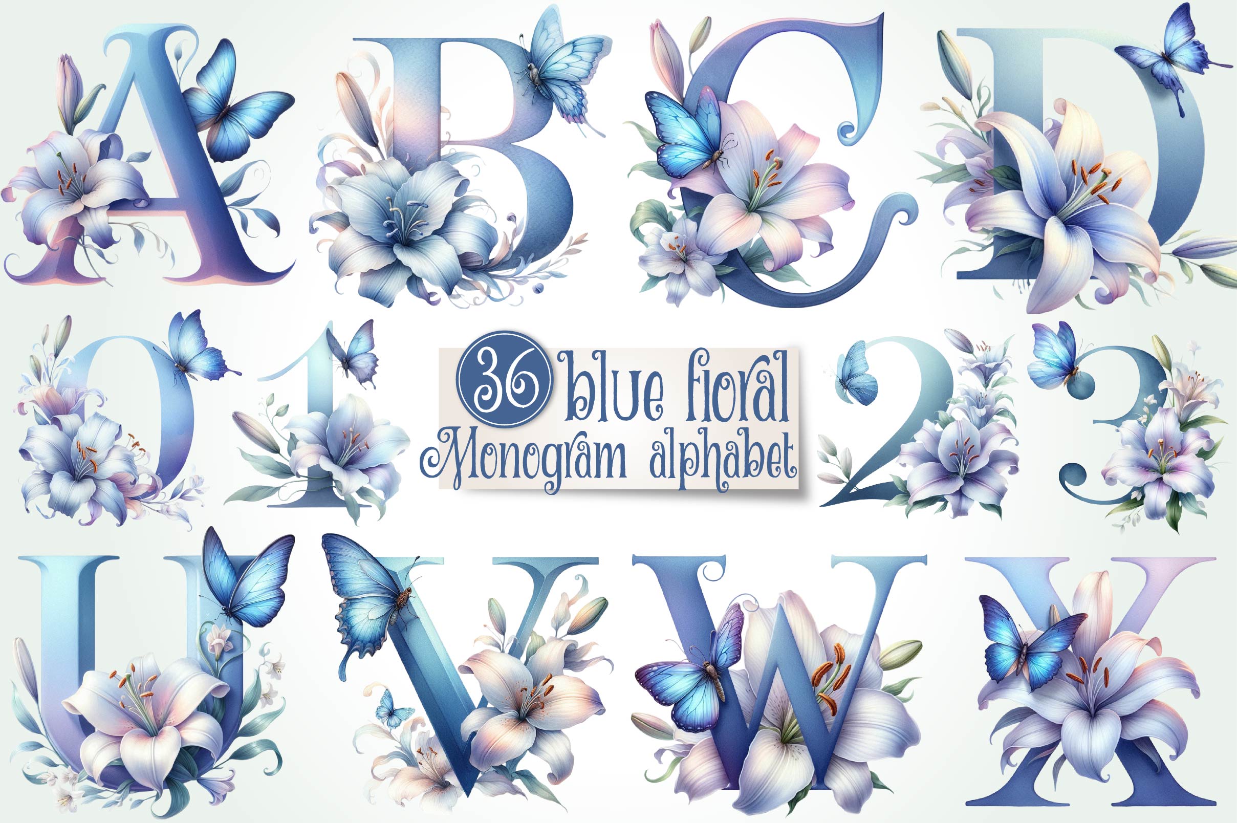 Blue Floral Monogram Alphabet Clipart Bundle - CraftNest - Digital Crafting and Art