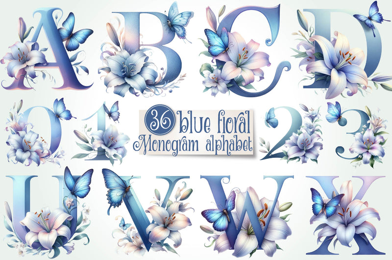 Blue Floral Monogram Alphabet Clipart Bundle - CraftNest - Digital Crafting and Art