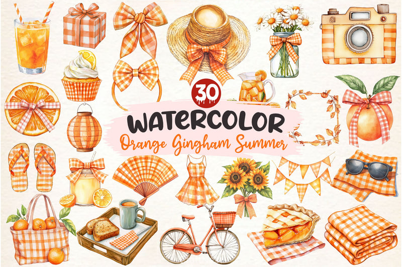 Orange Gingham Summer Clipart Bundle - CraftNest - Digital Crafting and Art