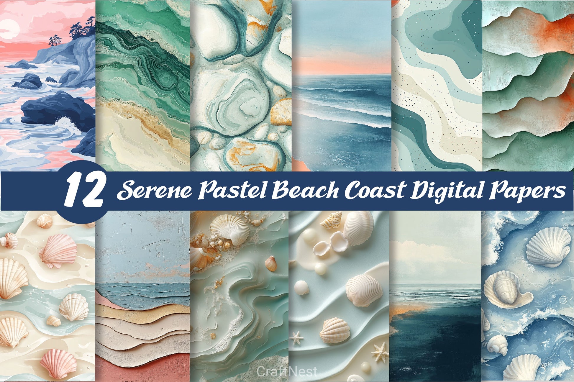 Serene Pastel Beach Coast Digital Papers - CraftNest - Digital Crafting and Art