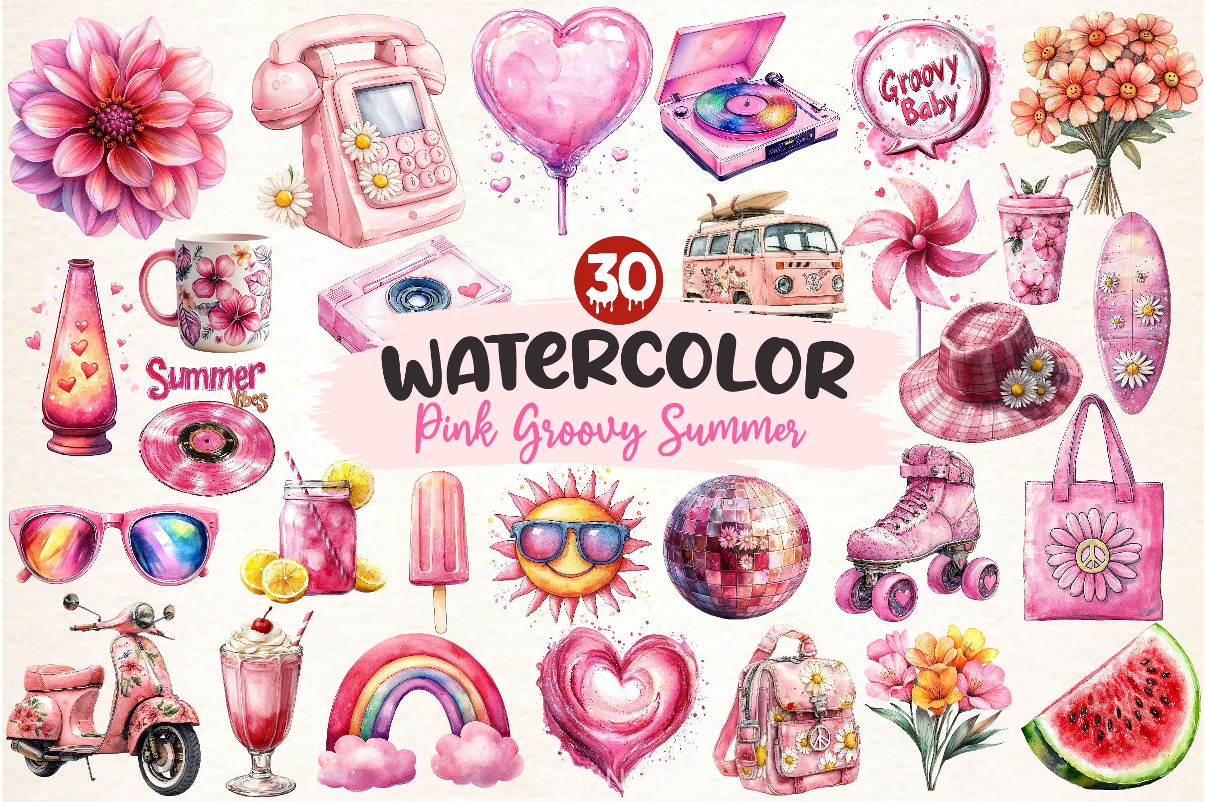 Pink Groovy Summer Clipart Bundle - CraftNest - Digital Crafting and Art
