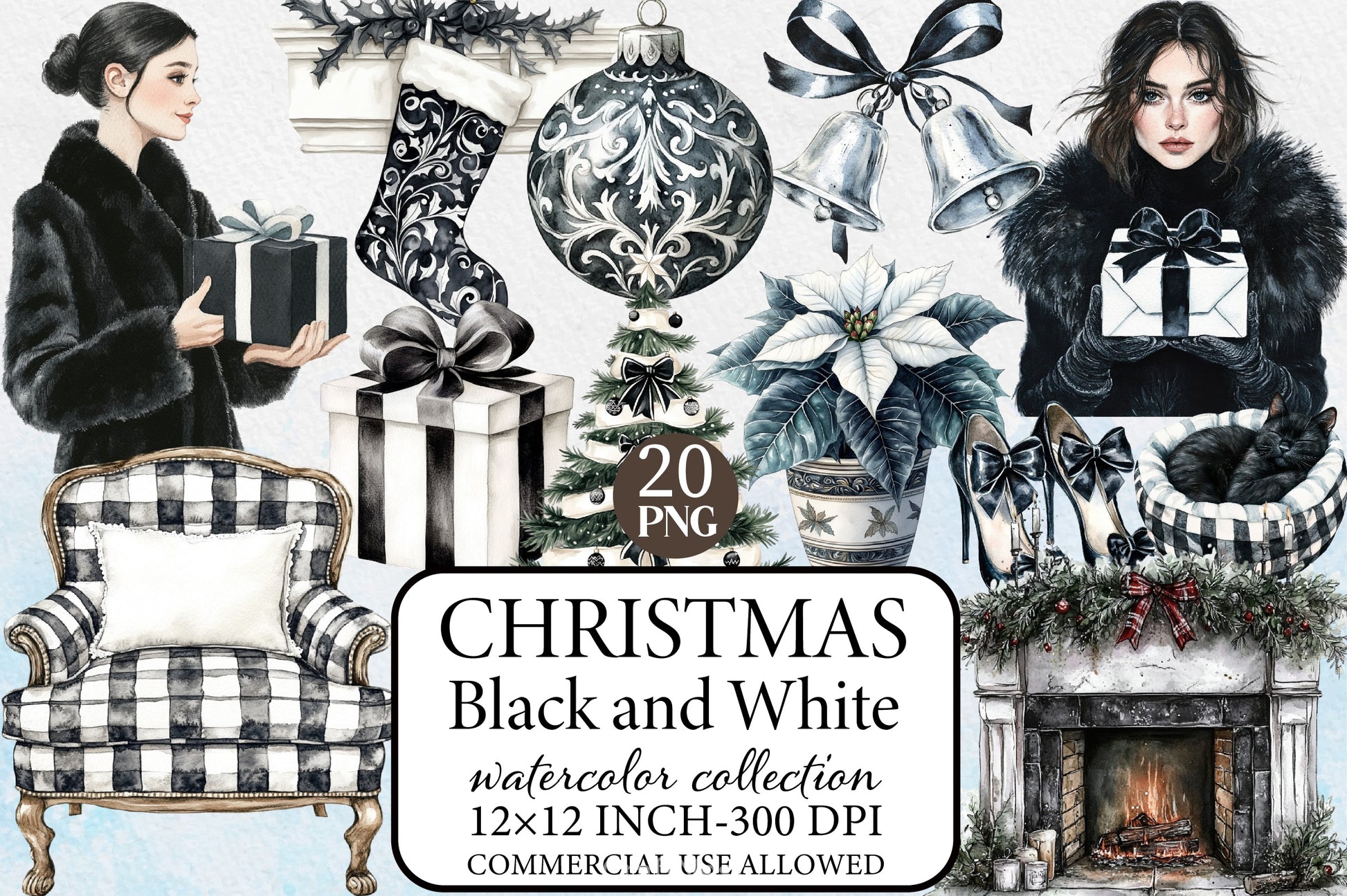 Black & White Christmas Clipart Bundle 2 - CraftNest - Digital Crafting and Art