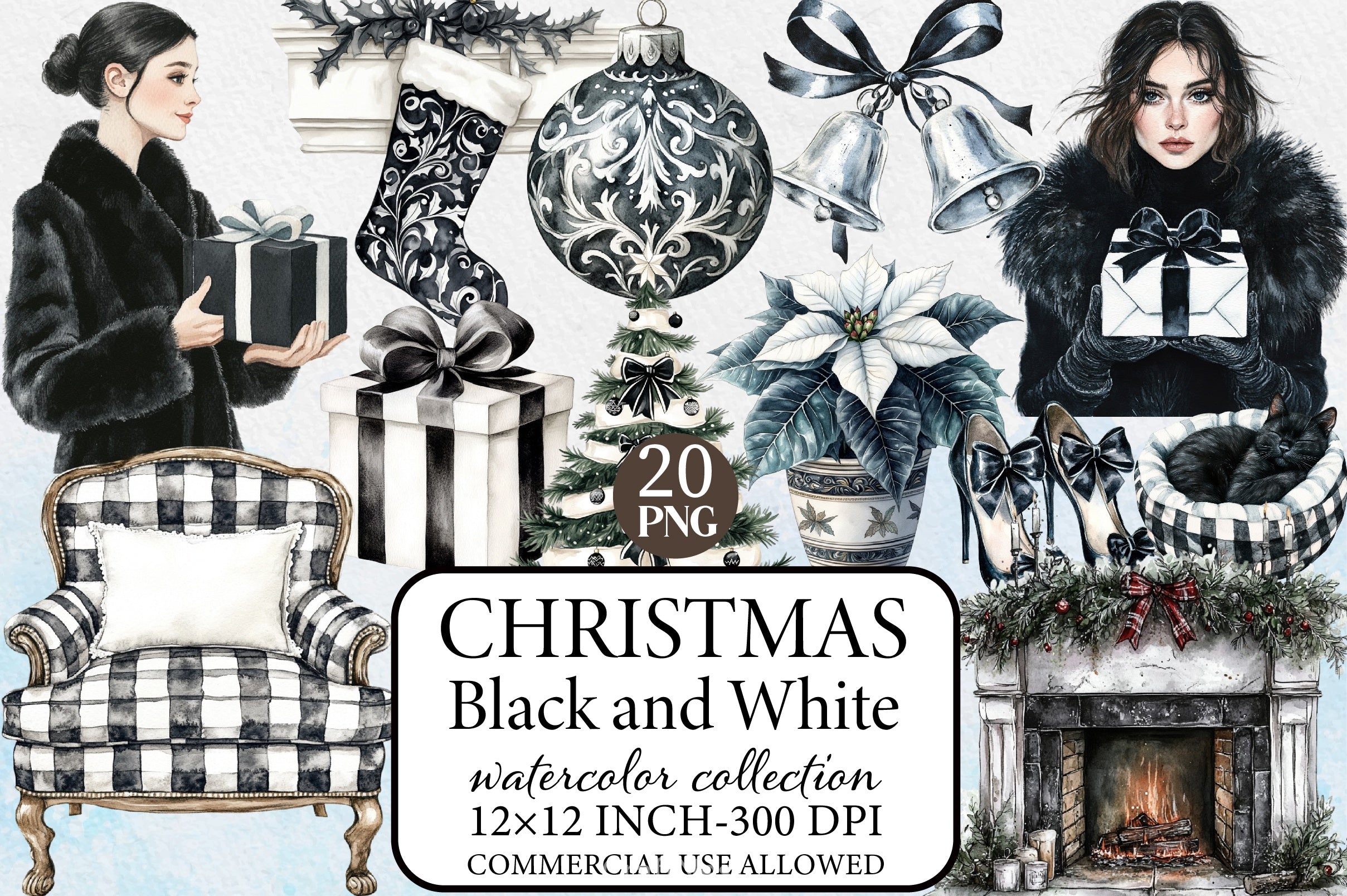 Black & White Christmas Clipart Bundle 2 - CraftNest - Digital Crafting and Art