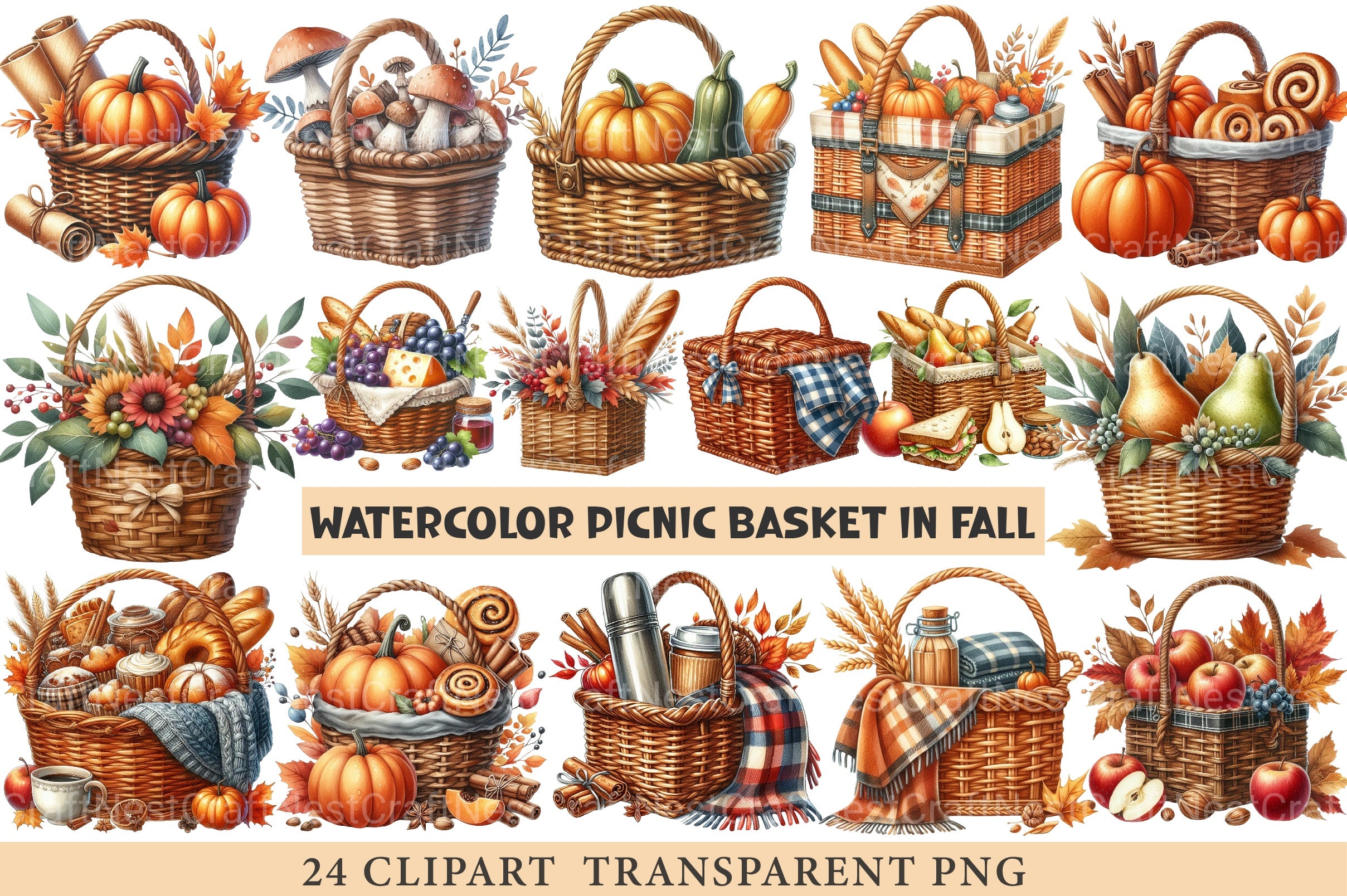 Picnic Basket In Fall Clipart Bundle - CraftNest - Digital Crafting and Art