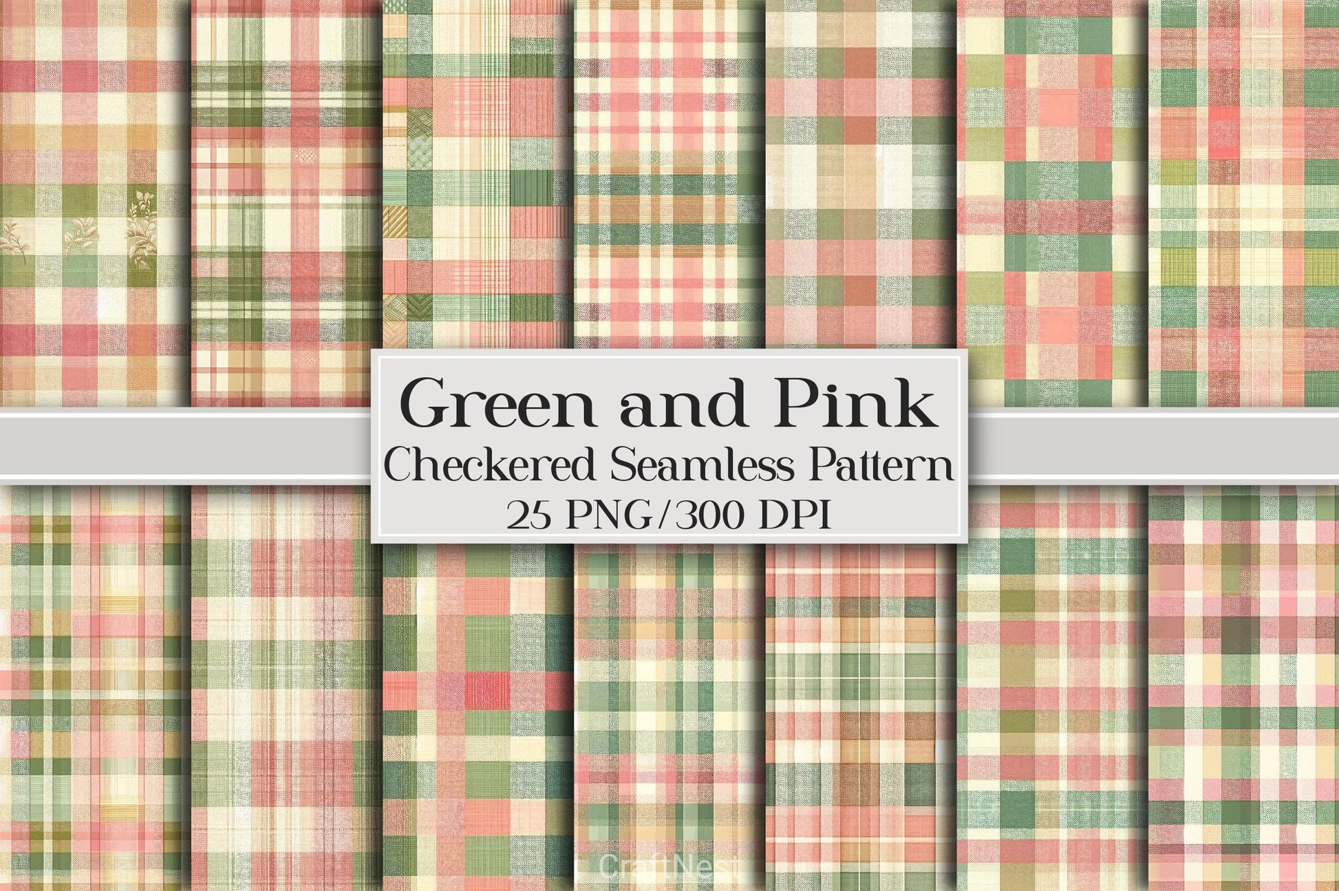 Green Pink Checkered Pattern Digital Paper 2 - CraftNest - Digital Crafting and Art