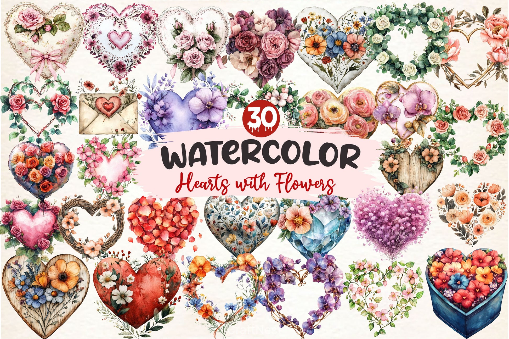 Wedding Hearts With Flowers Clipart Bundle - CraftNest - Digital Crafting and Art