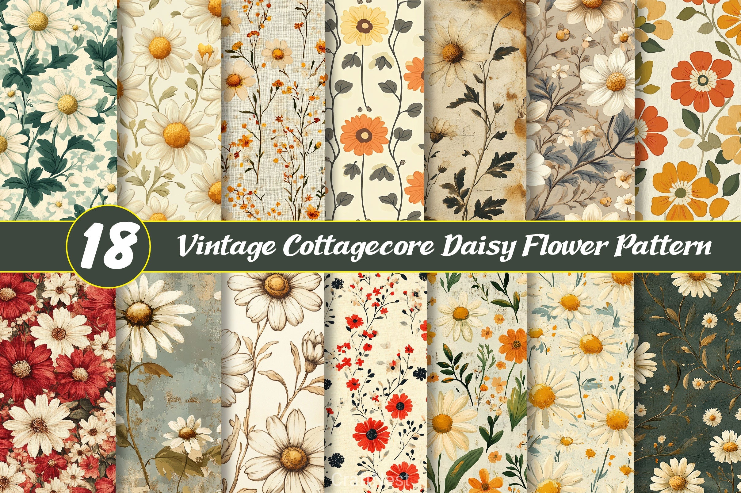 Vintage Cottagecore Daisy Flower Pattern Clipart Bundle - CraftNest - Digital Crafting and Art