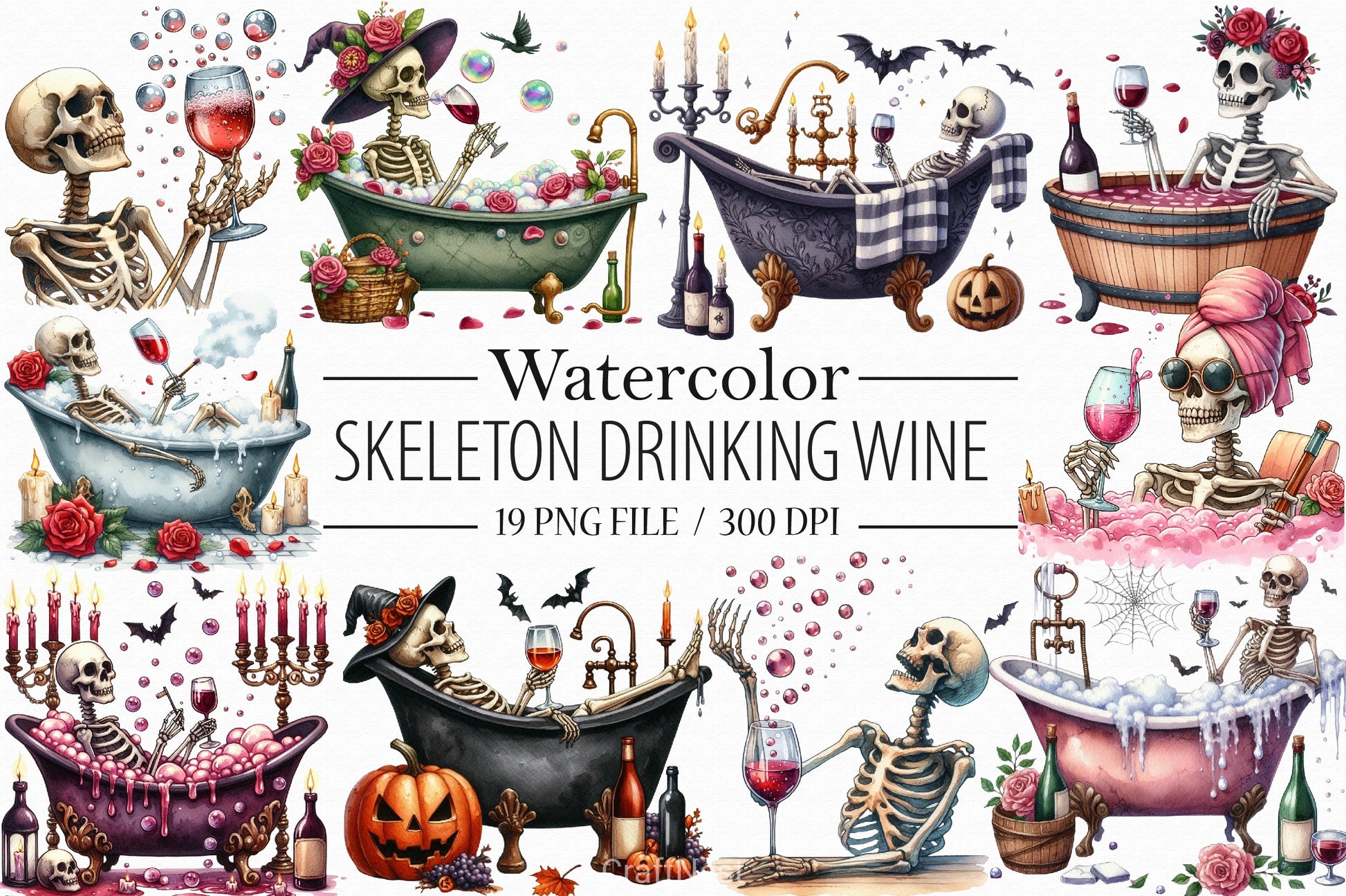 Skeleton Drinking Wine Clipart Bundle - CraftNest - Digital Crafting and Art