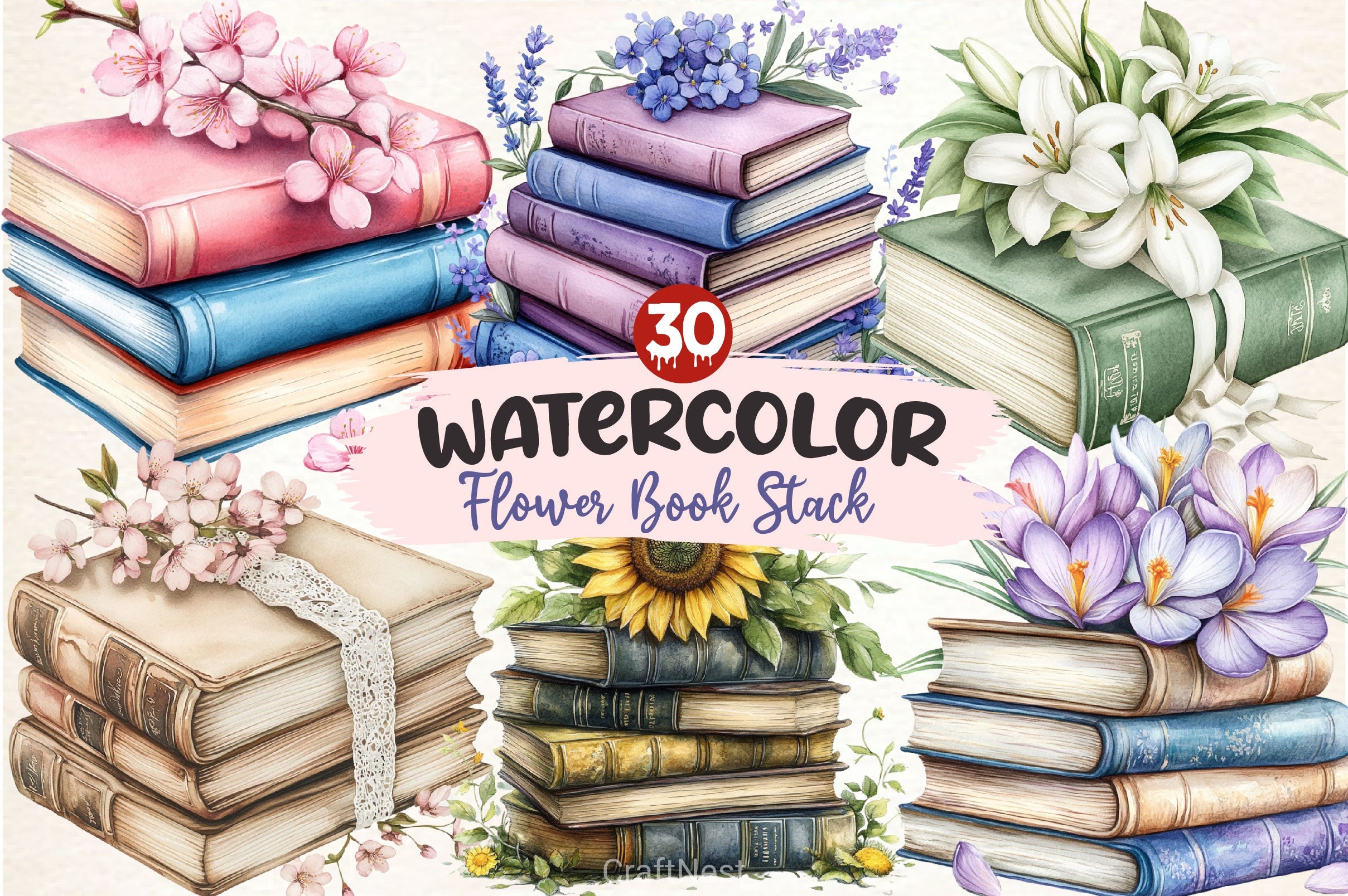 Spring Flower Book Stack Clipart Bundle 8 - CraftNest - Digital Crafting and Art