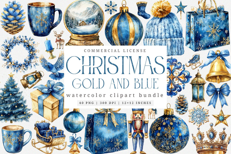 Gold and Blue Christmas Clipart Bundle - CraftNest - Digital Crafting and Art