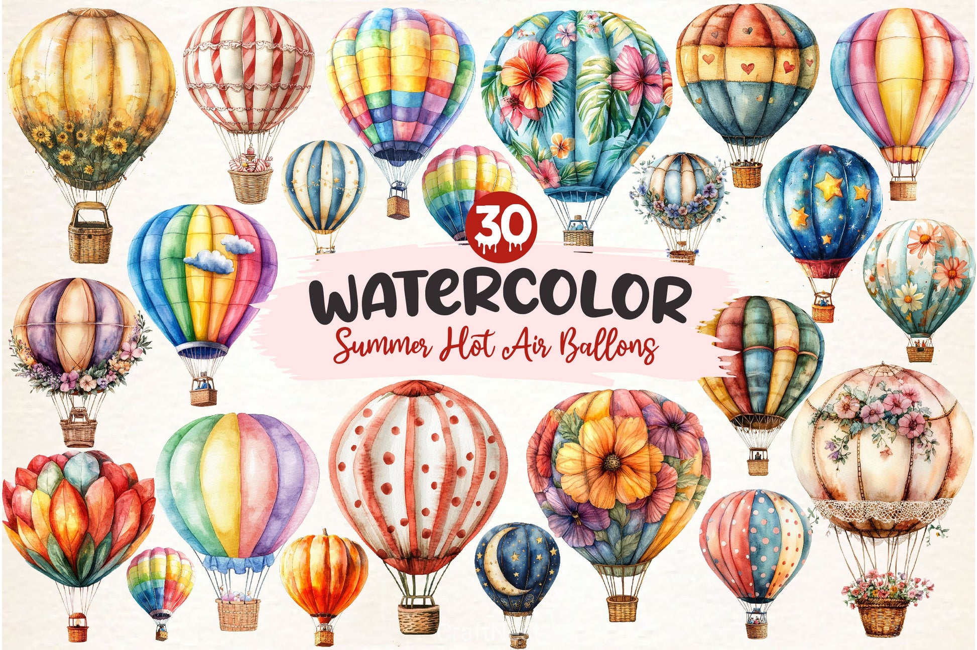 Summer Whimsical Hot Air Balloons Clipart Bundle - CraftNest - Digital Crafting and Art