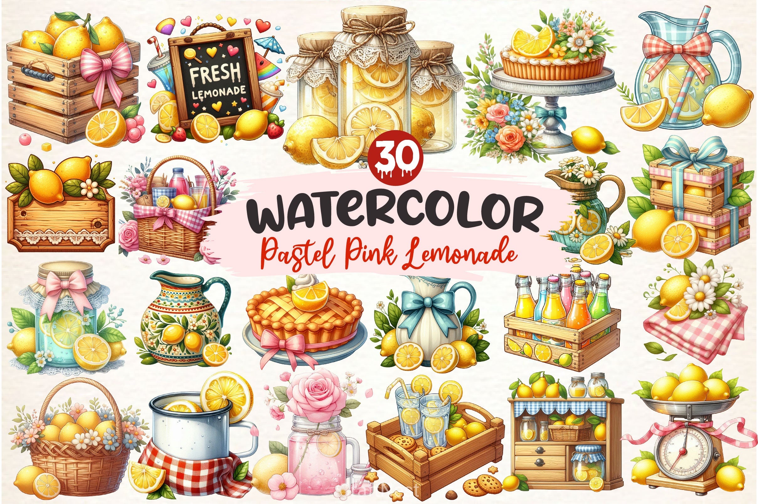 Pastel Pink Lemonade Party Decor Clipart Bundle - CraftNest - Digital Crafting and Art