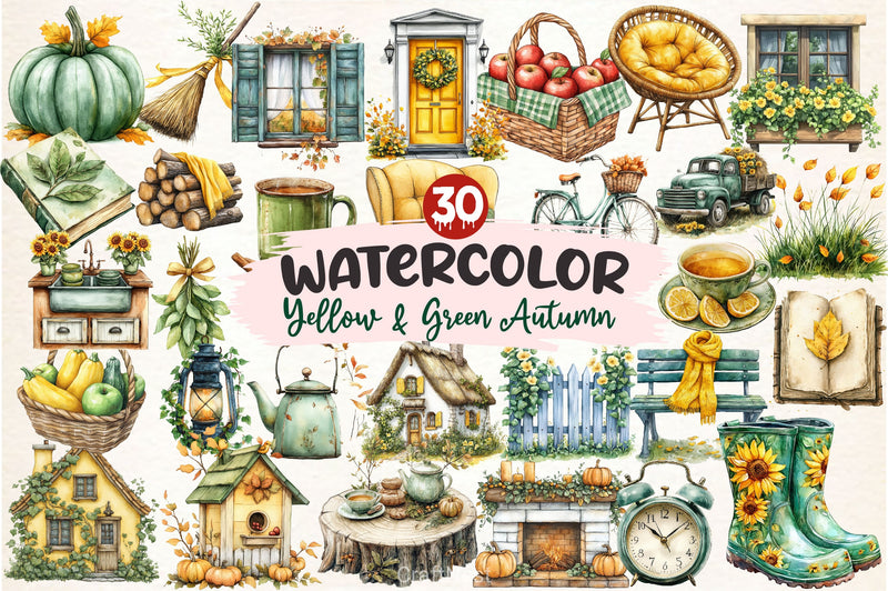Yellow Green Autumn Cottage Clipart Bundle 2 - CraftNest - Digital Crafting and Art