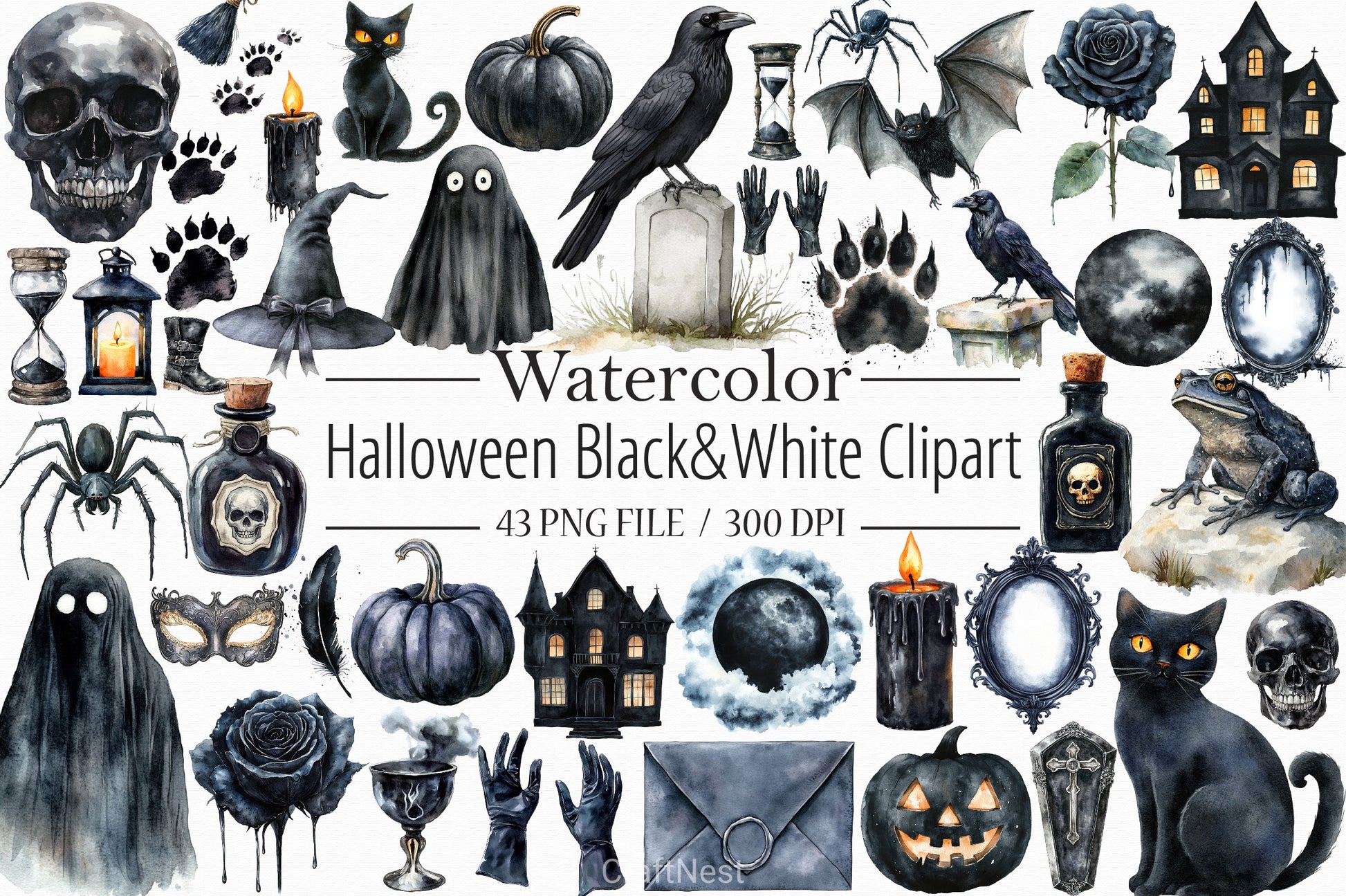 Halloween Black & White Clipart Bundle - CraftNest - Digital Crafting and Art