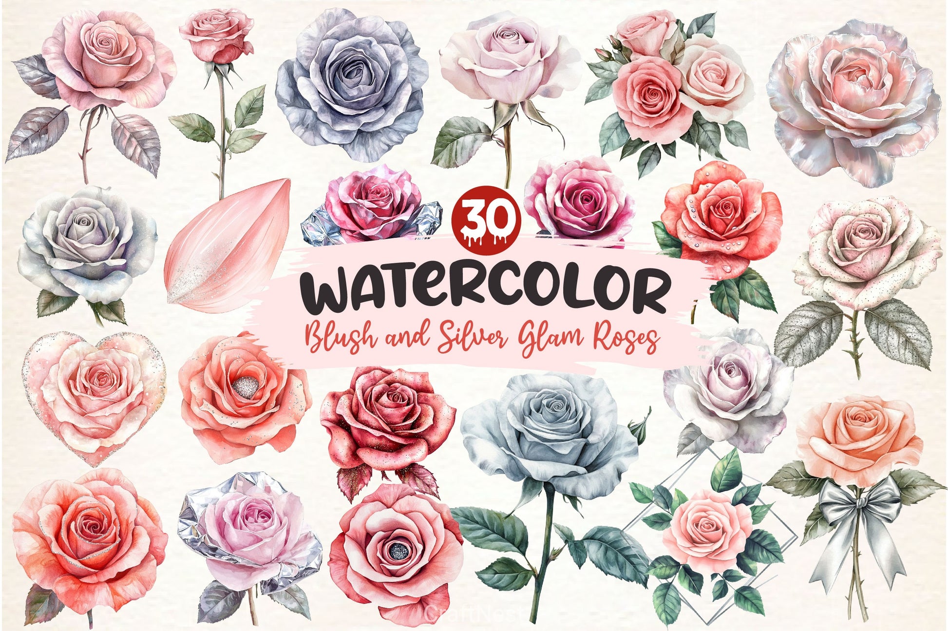 Blush And Silver Glam Roses Clipart Bundle - CraftNest - Digital Crafting and Art