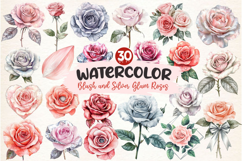 Blush And Silver Glam Roses Clipart Bundle - CraftNest - Digital Crafting and Art