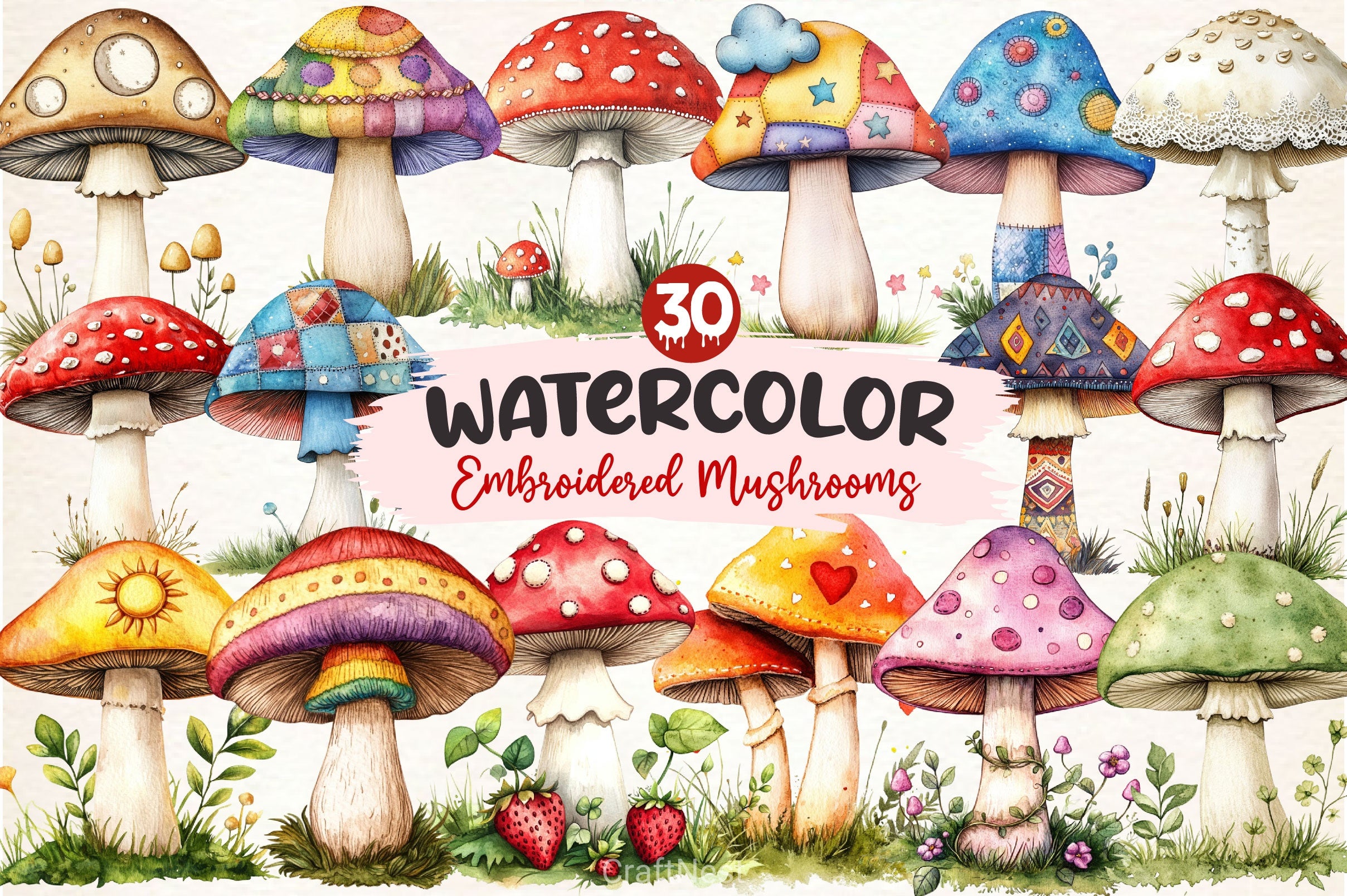 Embroidered Mushrooms Clipart Bundle - CraftNest - Digital Crafting and Art
