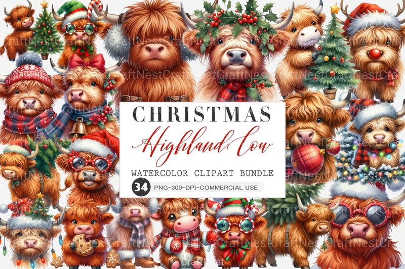 Christmas Highland Cow Clipart Bundle 77 - CraftNest - Digital Crafting and Art