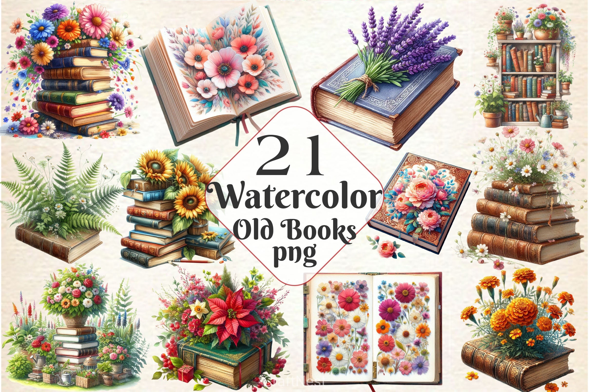 Old Books With Flowers Clipart Bundle 2 - CraftNest - Digital Crafting and Art