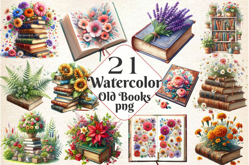 Old Books With Flowers Clipart Bundle 2 - CraftNest - Digital Crafting and Art