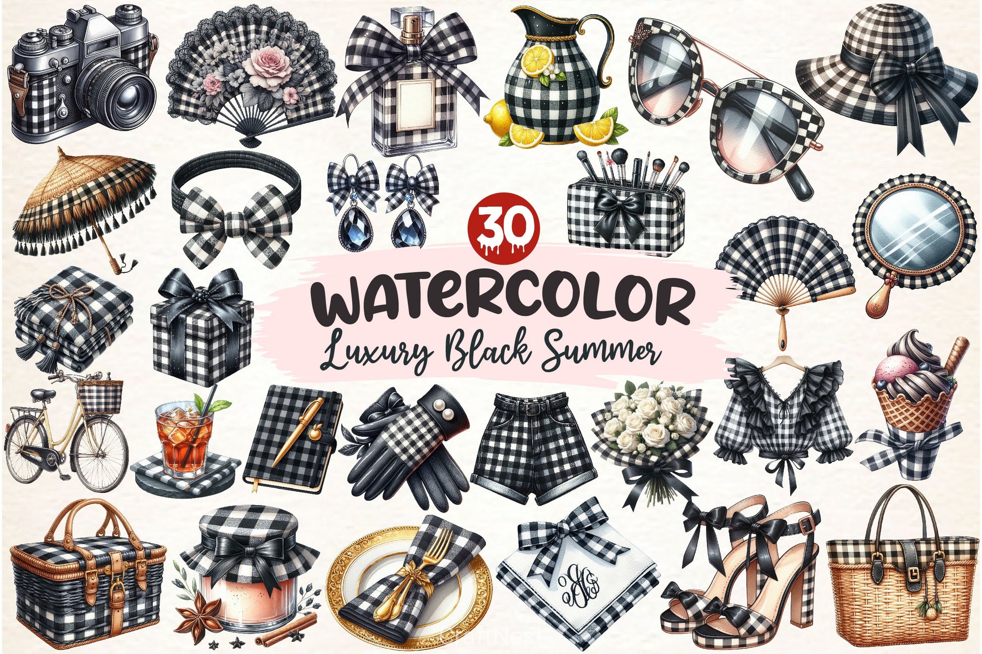 Luxury Black Gingham Summer Clipart Bundle - CraftNest - Digital Crafting and Art