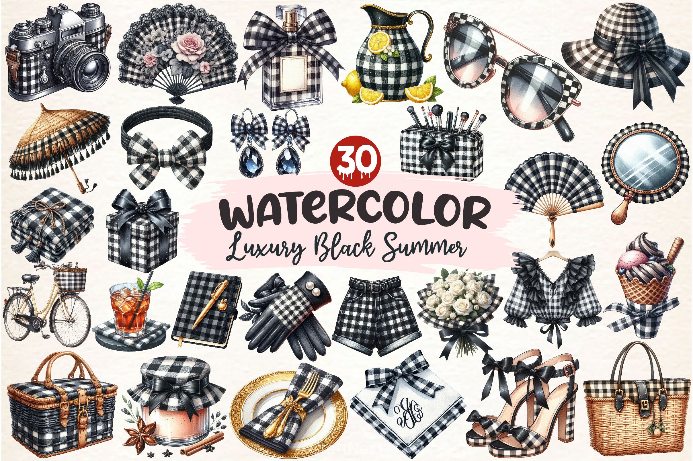 Luxury Black Gingham Summer Clipart Bundle - CraftNest - Digital Crafting and Art