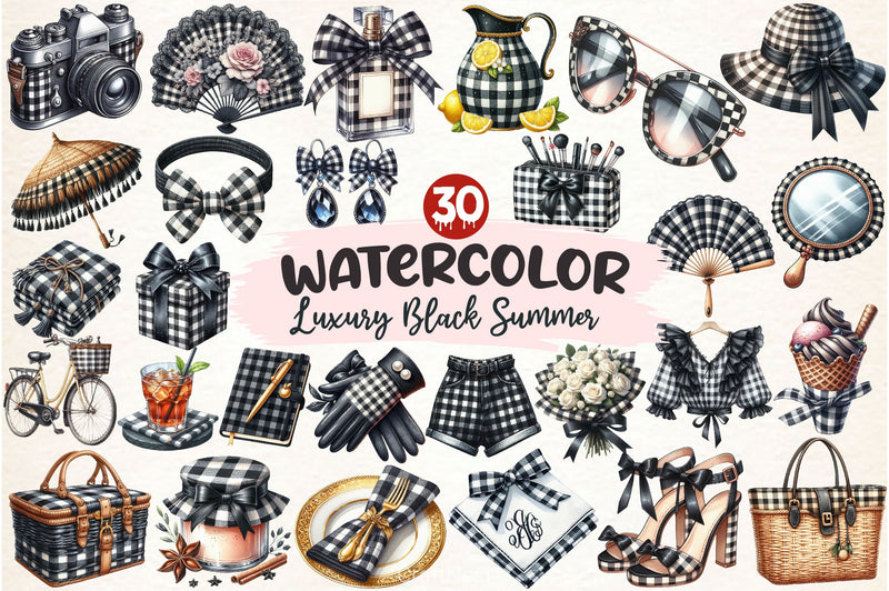Luxury Black Gingham Summer Clipart Bundle - CraftNest - Digital Crafting and Art